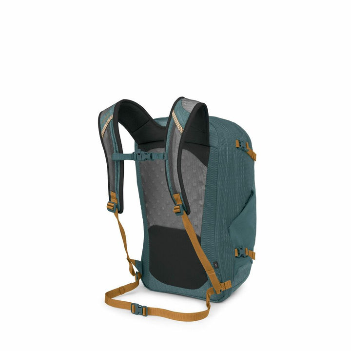 Teal backpack with brown straps on a white background