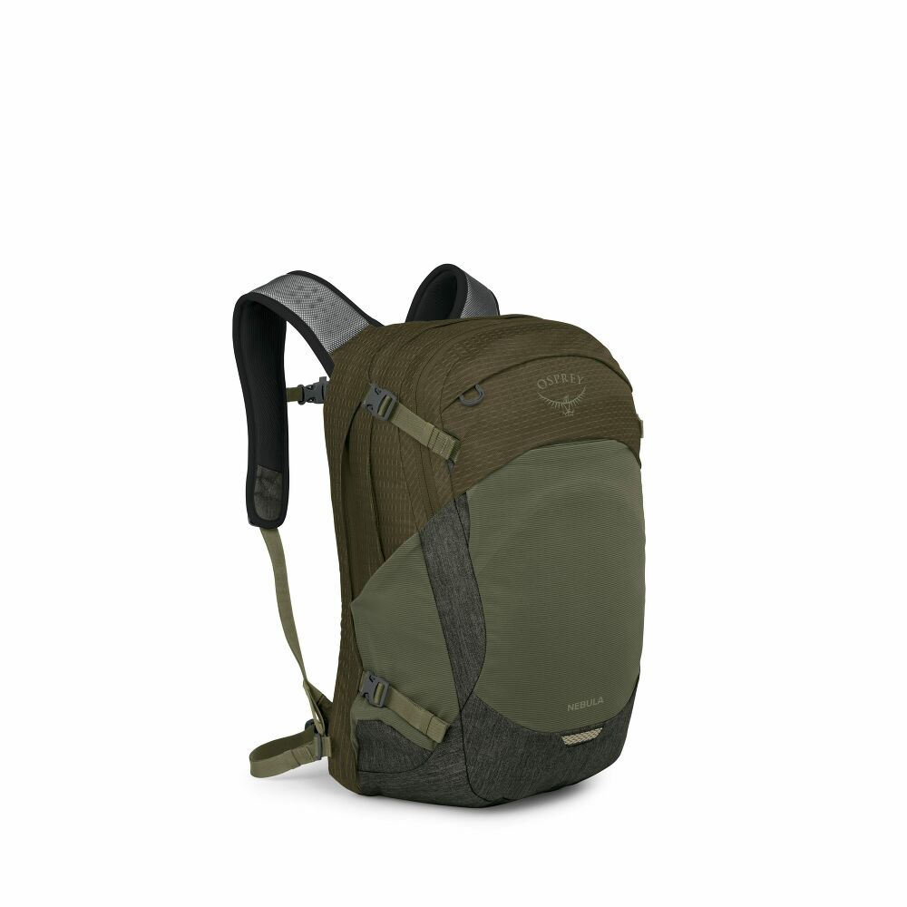 Green and gray backpack on a white background