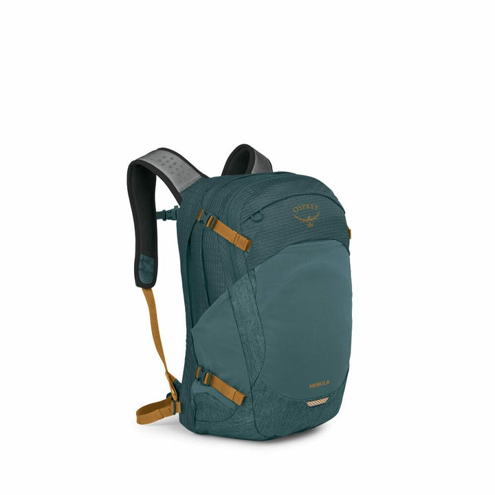 Teal backpack with brown straps on a white background