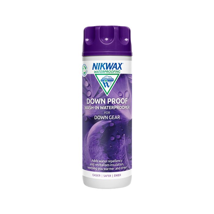 A bottle of Nikwax Down Proof 300ml designed for washing and waterproofing down filled clothing and gear.