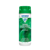 A bottle of Nikwax Down Wash Direct technical cleaner for down gear.