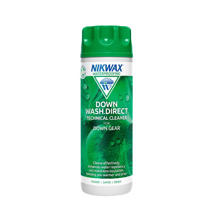 A bottle of Nikwax Down Wash Direct technical cleaner for down gear.