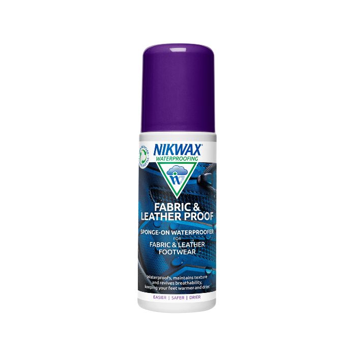 A bottle of Nikwax Fabric &amp; Leather Proof Sponge with a purple cap, designed for waterproofing fabric and leather footwear.