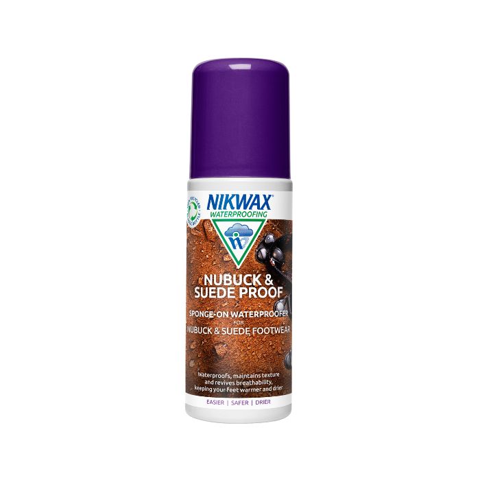 A bottle of Nikwax Nubuck &amp; Suede Proof Sponge with a purple cap, designed for waterproofing nubuck and suede footwear.