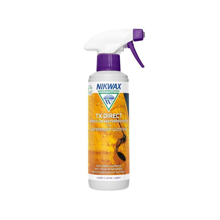 A spray bottle of Nikwax TX Direct waterproofing spray for clothing.