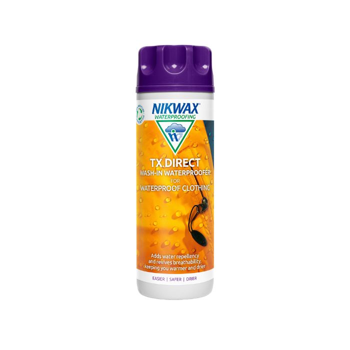 A bottle of Nikwax TX Direct Wash-In waterproofing treatment with a purple cap on a white background.