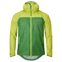 Green and yellow rain jacket with OMM logo on a white background