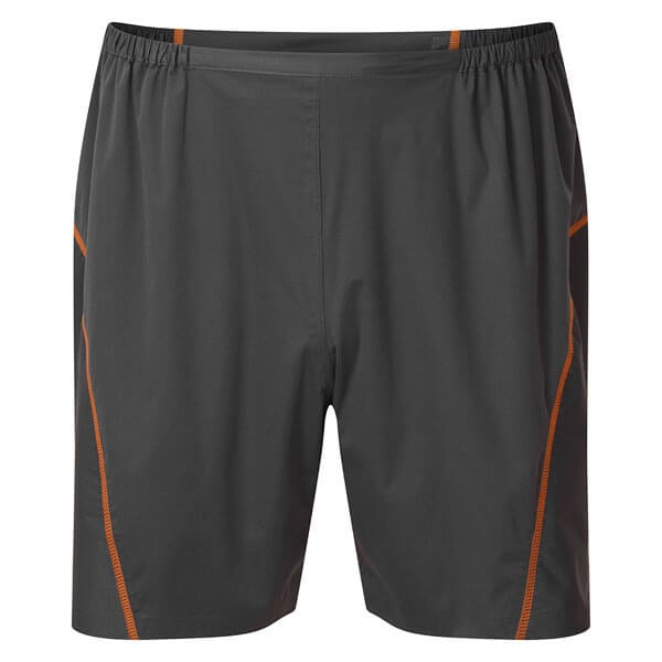Grey waterproof shorts with orange accents on a white background