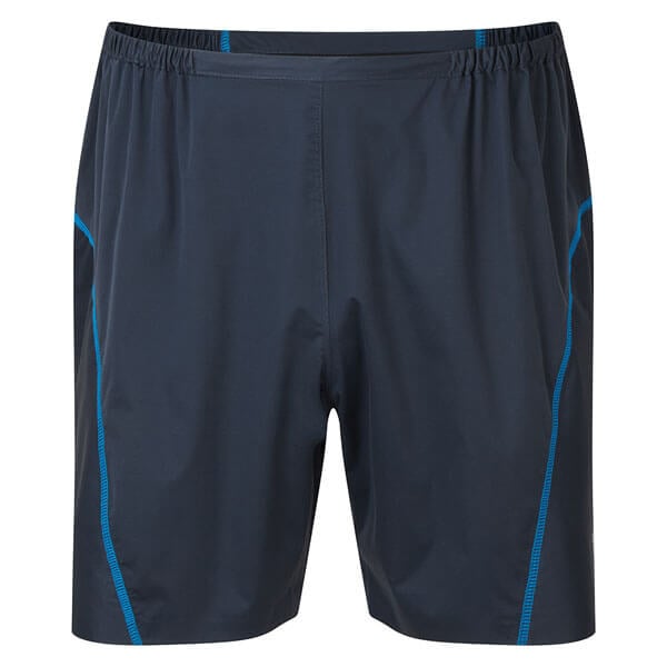 Navy waterproof shorts with blue accents on a white background