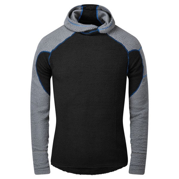Two tone black and grey hoodie with blue stitching on a white background
