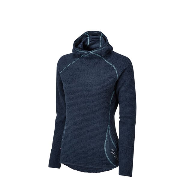 Navy blue hooded sweater with light blue accents on a white background