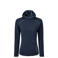 Navy blue hooded fleece sweater with light blue accents on a white background