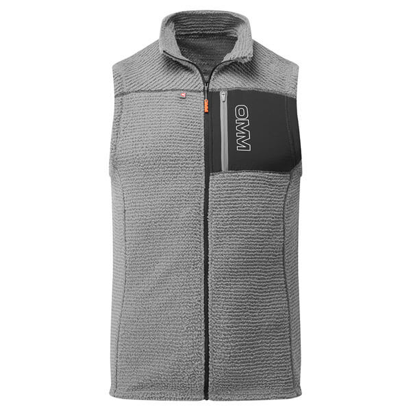 Grey fleece vest with a black pocket and OMM logo on a white background