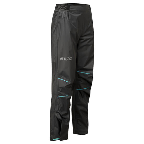 Black waterproof pants with turquoise stitching on a white background