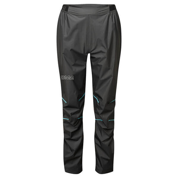 Black waterproof pants with turquoise accents on a white background