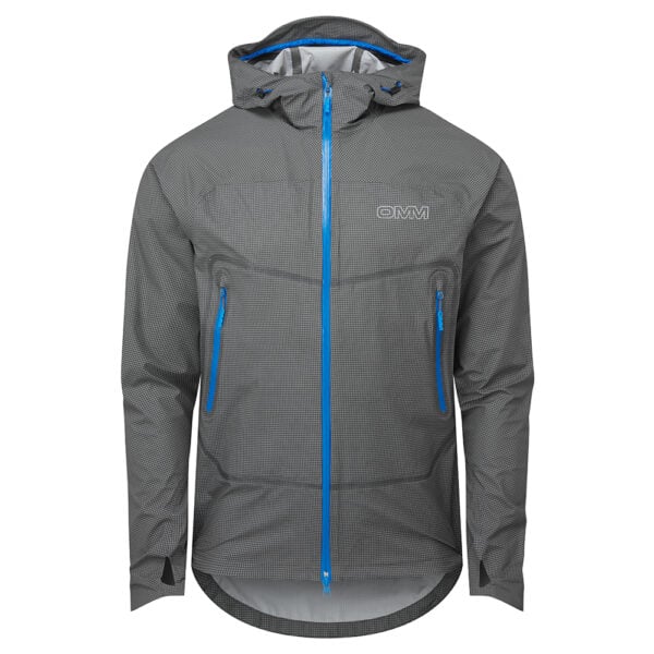 Gray waterproof jacket with blue accents on a white background
