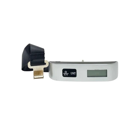 Silver small digital luggage scale with black strap and gold hook on a white background. 