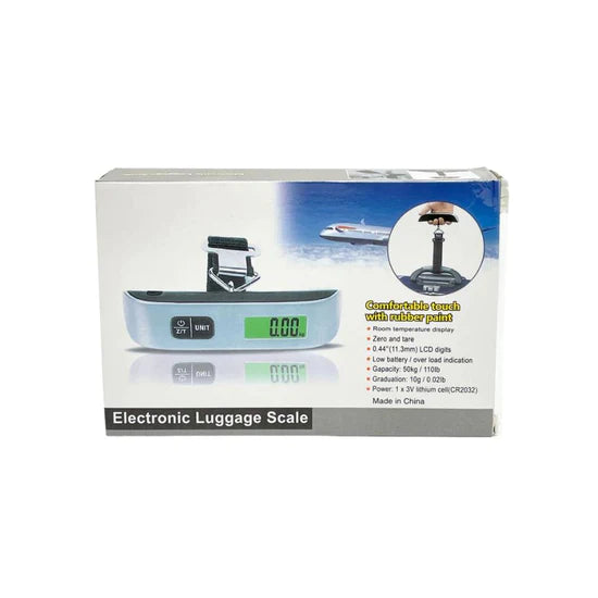 Packaging for an Electronic Luggage Scale with a photo pf the luggage scale and listed features. Box is displayed in front of a white background. 