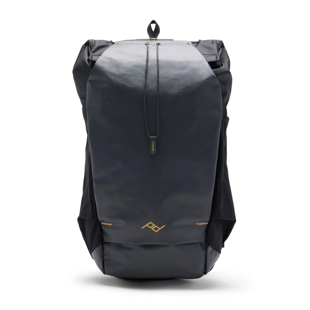 A dark gray waterproof backpack with a black top flap and a small yellow logo on the front, shown against a plain white background.