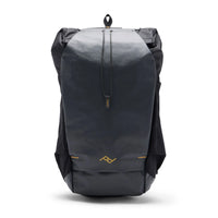A dark gray waterproof backpack with a black top flap and a small yellow logo on the front, shown against a plain white background.