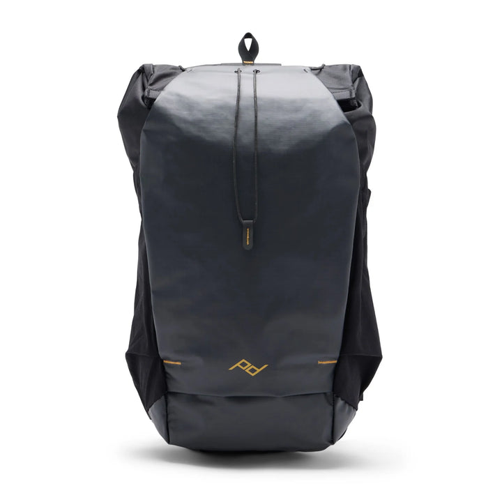 A dark gray waterproof backpack with a black top flap and a small yellow logo on the front, shown against a plain white background.