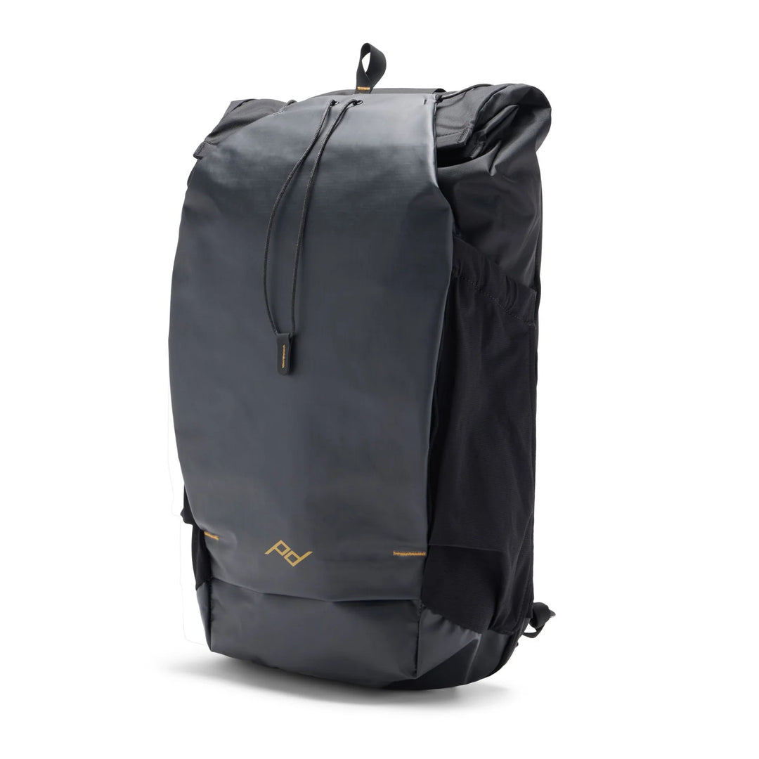 Black backpack with a brand logo on a white background.
