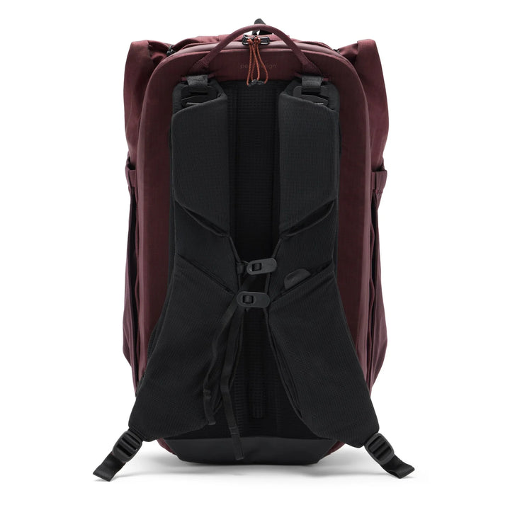 Back view of a maroon backpack with black interior on a white background