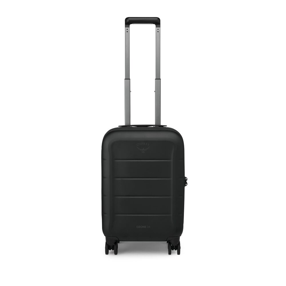A black hard-shell suitcase with an extended silver telescopic handle, shown from the front against a plain white background.