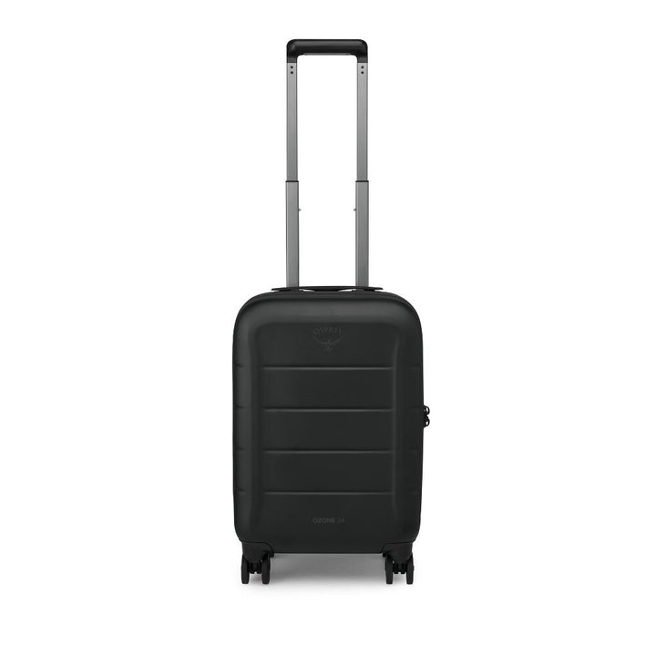 A black hard-shell suitcase with an extended silver telescopic handle, shown from the front against a plain white background.