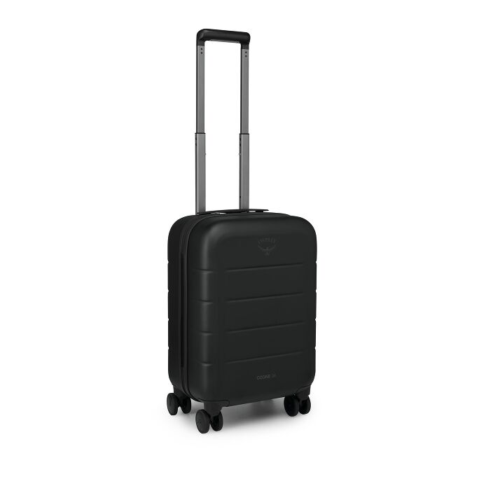 A black hard-shell suitcase with an extended silver telescoping handle, shown from a three-quarter angle on a white background.
