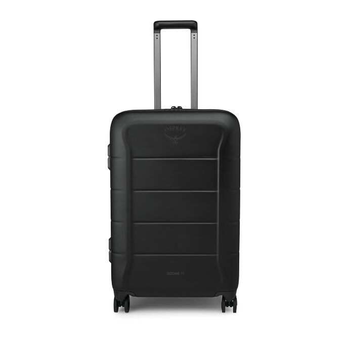 A black hard-shell spinner suitcase with an extended silver telescopic handle, shown from the front on a solid white background. The Osprey brand logo is subtly embossed on the upper front.