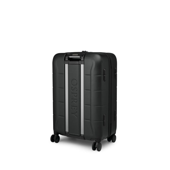 A black Osprey spinner suitcase with a vertical silver stripe and embossed brand name, shown on a plain white background.