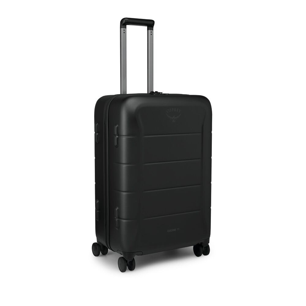 A black hard-shell spinner suitcase with an extended telescopic handle, shown on a clean white background. The brand name &