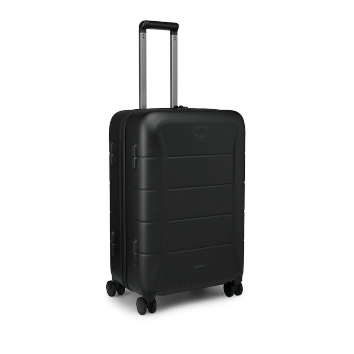 A black hard-shell spinner suitcase with an extended telescopic handle, shown on a clean white background. The brand name &