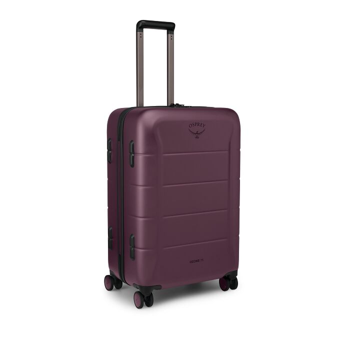 A hard-shell spinner suitcase in a deep plum purple color, featuring a telescoping handle extended upwards and the Osprey brand logo on the front, set against a plain white background.