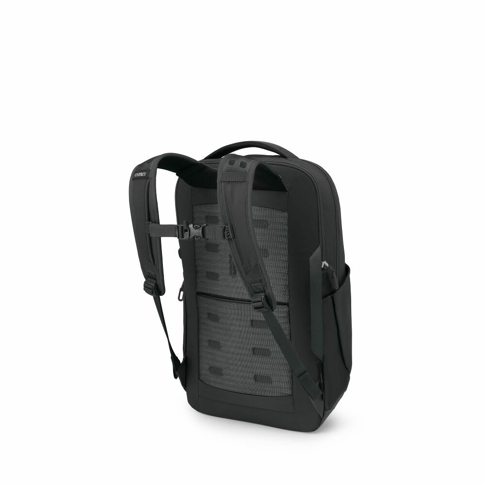 Black backpack with visible straps on a white background