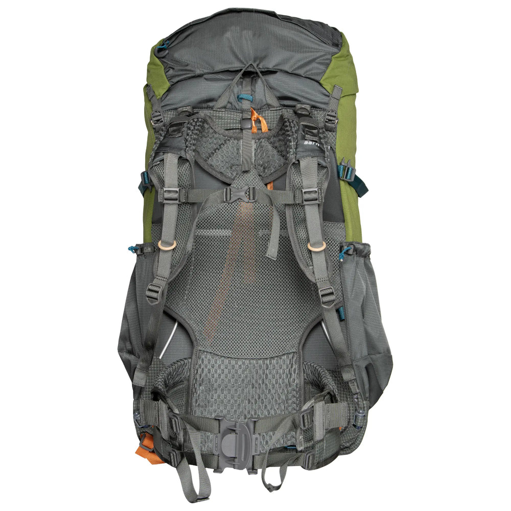 Hiking backpack harness with green and gray color scheme on a white background