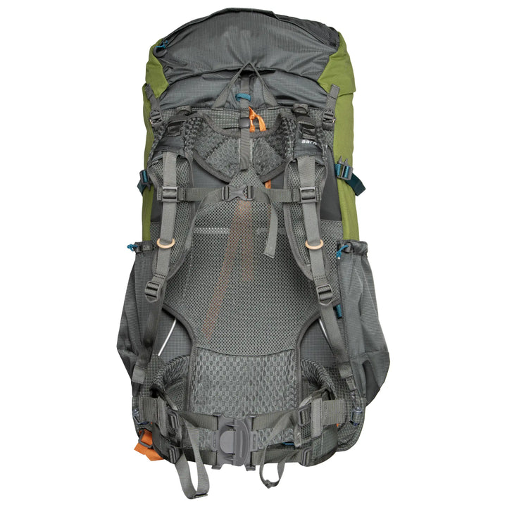 Hiking backpack harness with green and gray color scheme on a white background