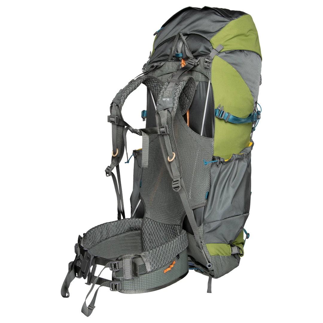 Green and gray Aarn backpack harness with side pocket on a white background
