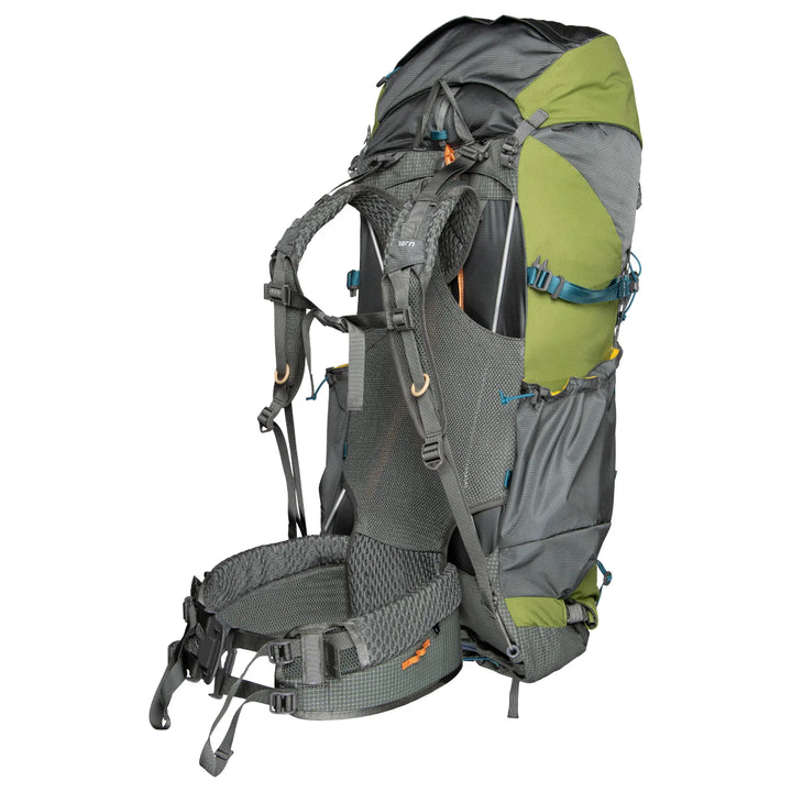 Green and gray Aarn backpack harness with side pocket on a white background
