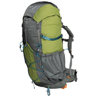 Green and gray Aarn backpack with multiple compartments on a white background
