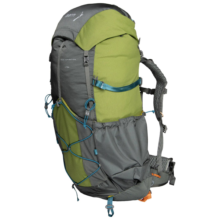 Green and gray Aarn backpack with multiple compartments on a white background