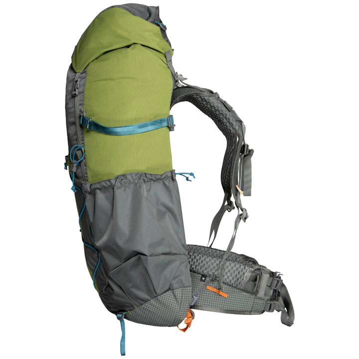Aarn hiking backpack with green compartment and gray back panel on a white background