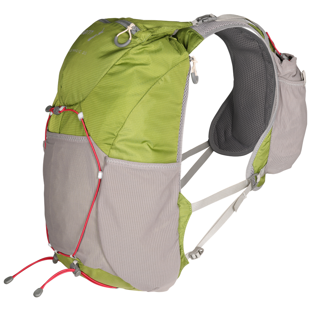Green and grey running backpack on a white background