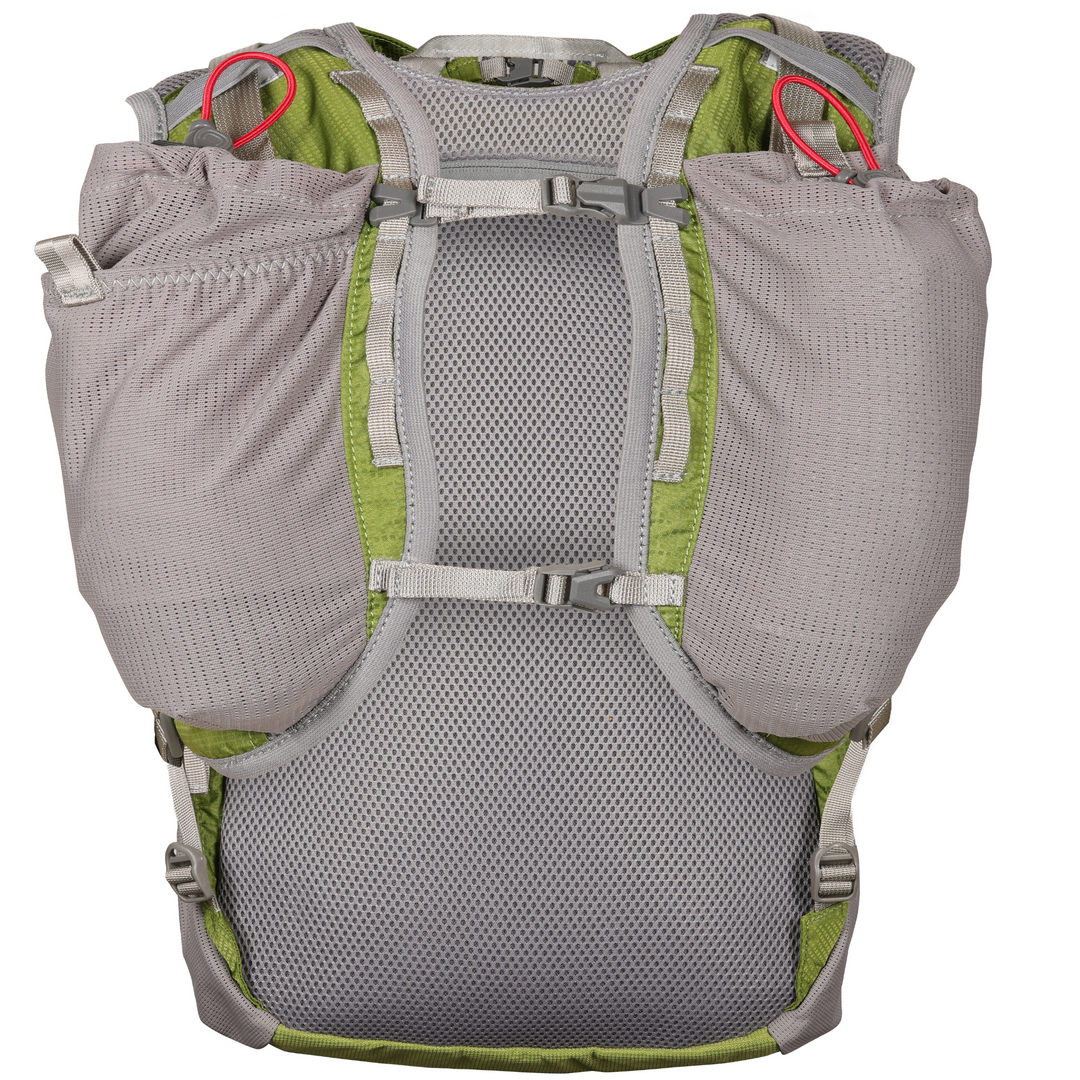 View of the harness of a grey and green running backpack