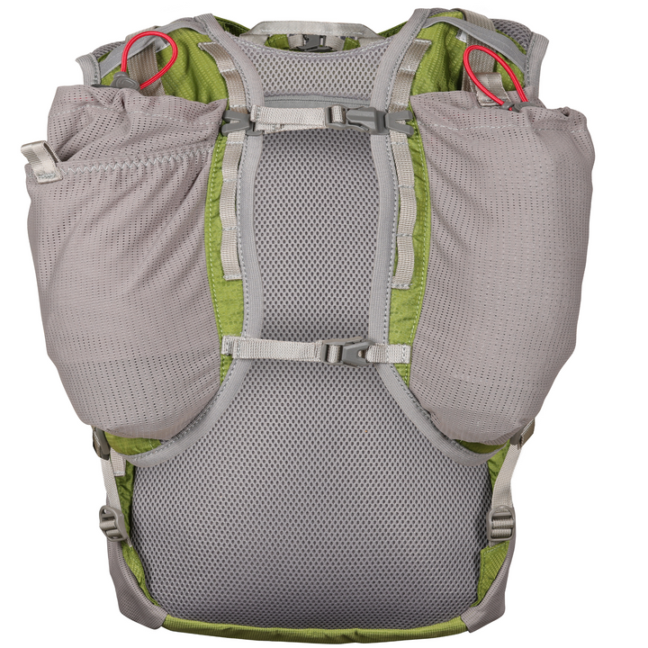 View of the harness of a grey and green running backpack