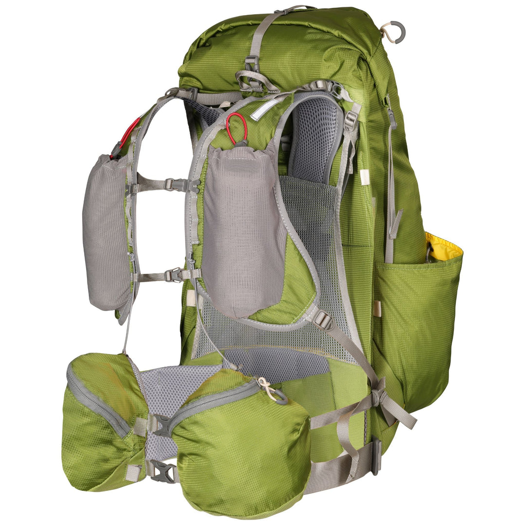 View of the harness of a green hiking pack on a white background