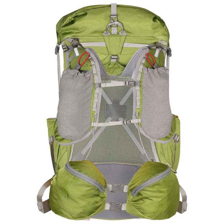 View of the harness of a green hiking pack on a white background