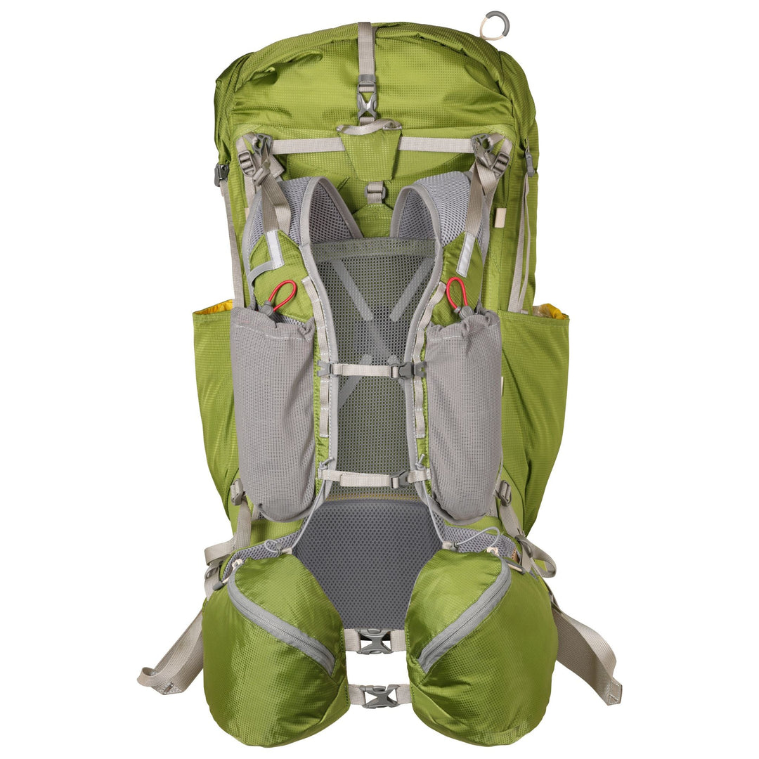 View of the straps of a green hiking pack on a white background