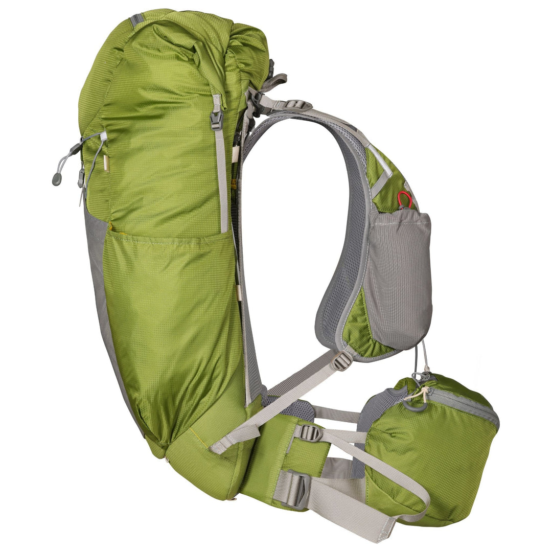 Green hiking pack viewed in profile on a white background